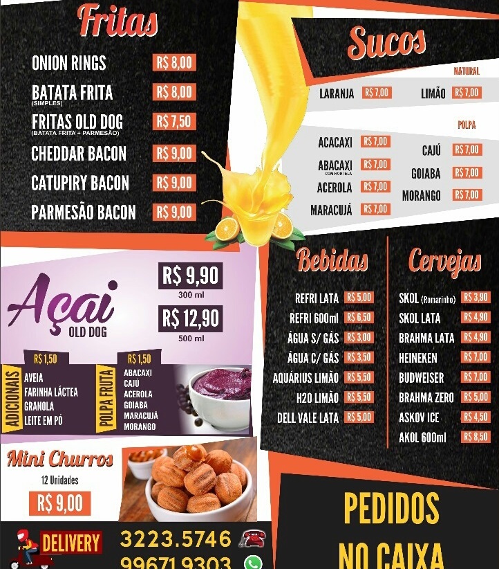 bebidas, açaí, churros, fritas bebidas, açaí, churros, fritas