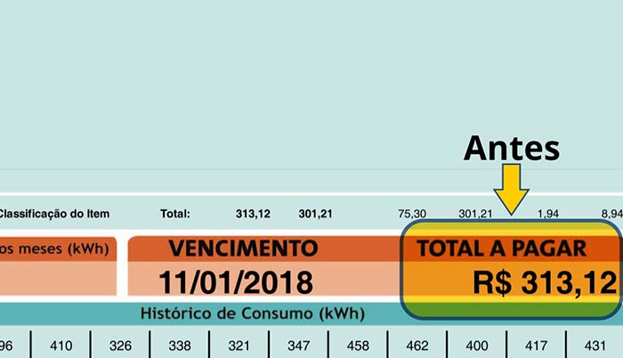 Conta de energia custando R$ 313,12 Conta de energia antes do sistema de energia solar