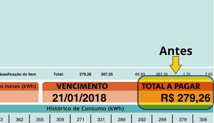 Conta de energia custando R$ 279,26 Conta de energia antes do sistema de energia solar