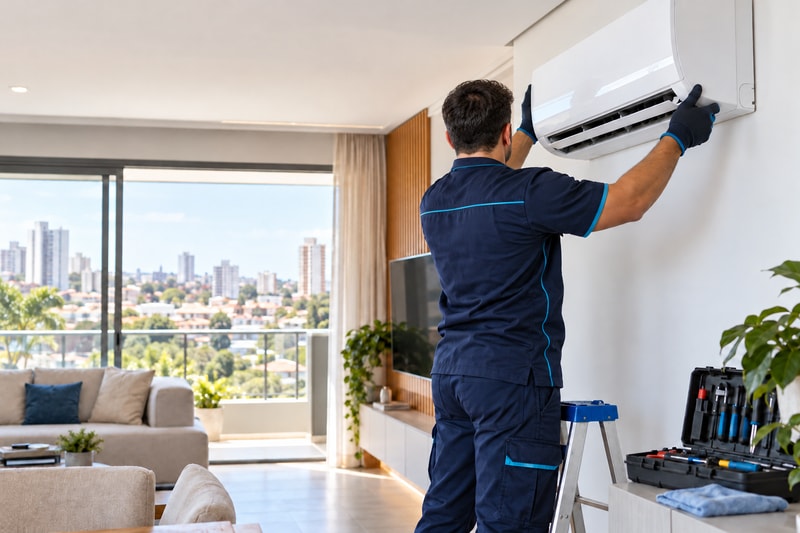 Instalação profissional de ar-condicionado Profissional de costas realizando instalação de ar-condicionado em ambiente residencial