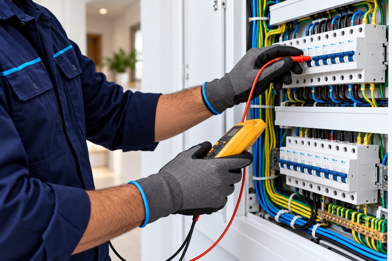 Serviços elétricos profissionais Mãos de eletricista inspecionando quadro elétrico residencial