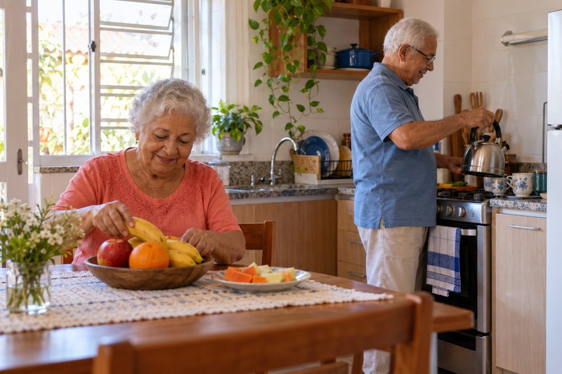Pessoas idosas realizando tarefas cotidianas em uma cozinha residencial