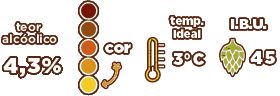 Teor alcóolico: 4,3% | Temperatura ideal: 3ºC | IBU: 45 Cerveja Session IPA