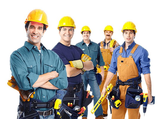 Linha completa de ferramentas para a construção civil Homens com ferramentas nas mãos