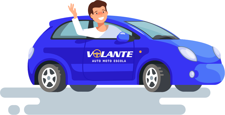 Conquiste a sua independência no trânsito com a Volante Auto Moto Escola Ilustração de um jovem maior de idade dirigindo um carro