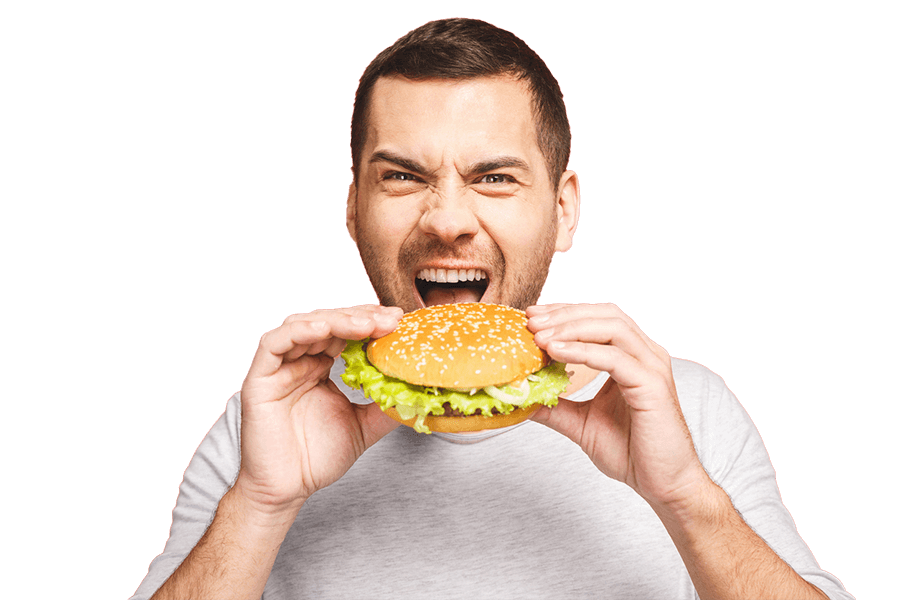 Temos diversas opções de lanches para você experimentar Homem comendo lanche