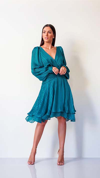 Vestido chiffon pala franzida cor verde escuro Vestido chiffon