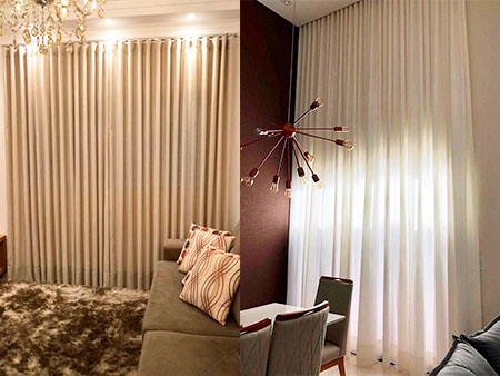 Cortinas em tecido no varão e trilho suiço no sistema Wave Cortinas em tecido no varão e trilho suiço no sistema Wave