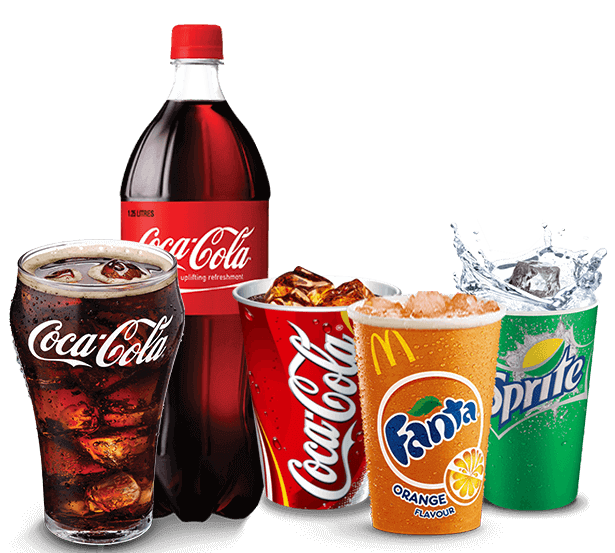 Sucos e regriferantes Latinhas de refrigerante e garrafa de Coca-Cola
