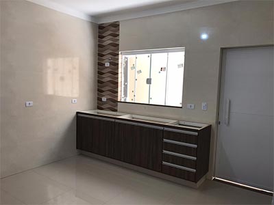 Revestimento interno em projetos de cozinhas Móveis com acabamento em madeira para uma cozinha