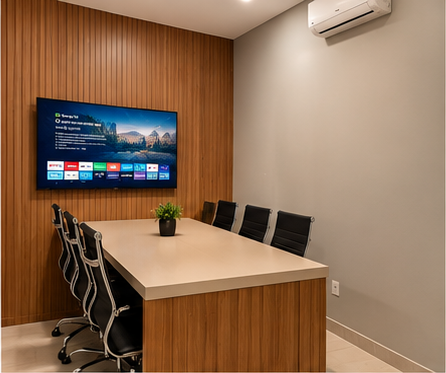JV Marcenaria — Escritório com mesa de reunião e painel de TV