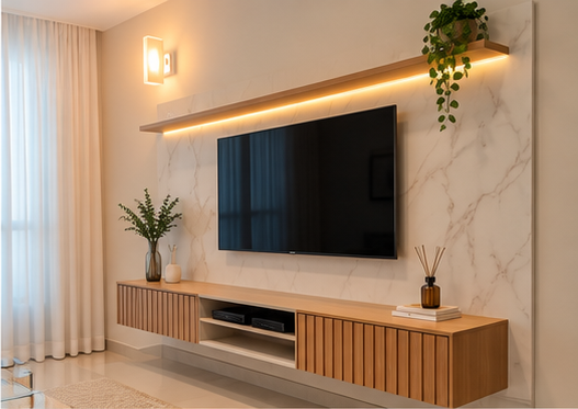 JV Marcenaria — Painel de TV com prateleira e móvel de apoio