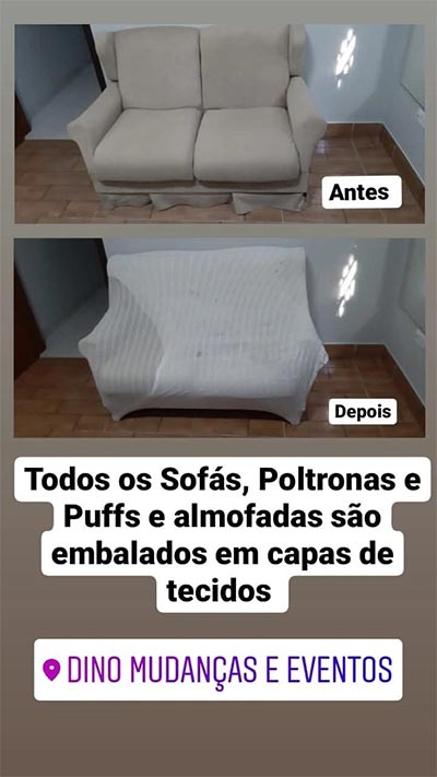 Todos os sofás, poltronas, puffs e almofadas são embalados em capas de tecido sofá e puff embalado em capa de tecido