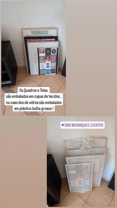 Os quadros e telas são embalados em capas de tecido. No caso dos vidros são embalados em plástico bolha grosso capa de transporte para quadros