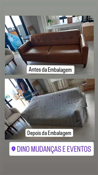 Sofá antes e depois da embalagem capa de transporte para móveis e estofados