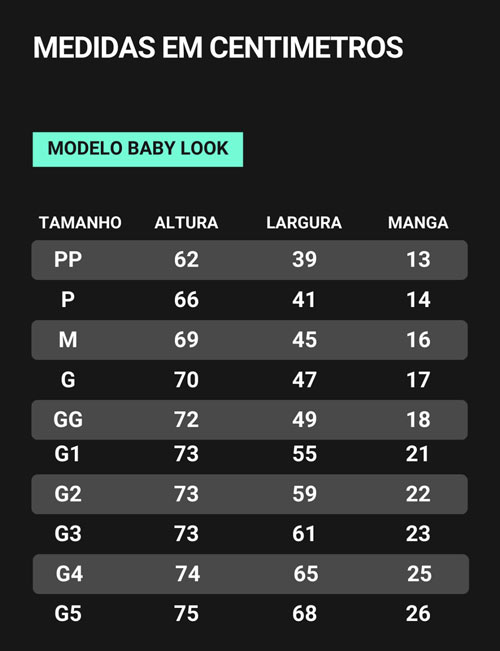 camiseta baby look - tabela de tamanhos camiseta baby look - tabela de tamanhos