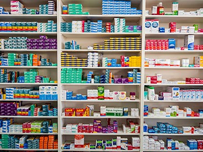 Prateleiras com caixas de medicamentos Prateleiras com caixas de medicamentos