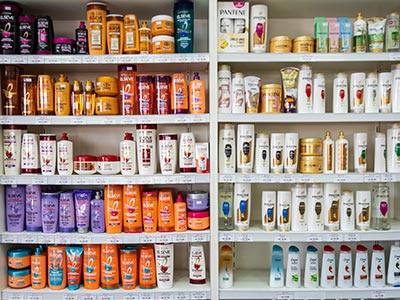 Prateleiras com shampoos e condicionadores Prateleiras com shampoos e condicionadores