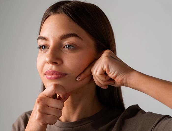 Preenchimento Facial Paciente recebendo aplicação de preenchimento facial com as mãos enluvadas da profissional