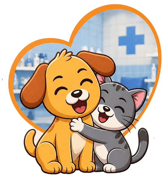 Clube das Patinhas — cuidado para cães e gatos Ilustração de um cachorro e um gato abraçados dentro de um coração, com uma clínica veterinária ao fundo