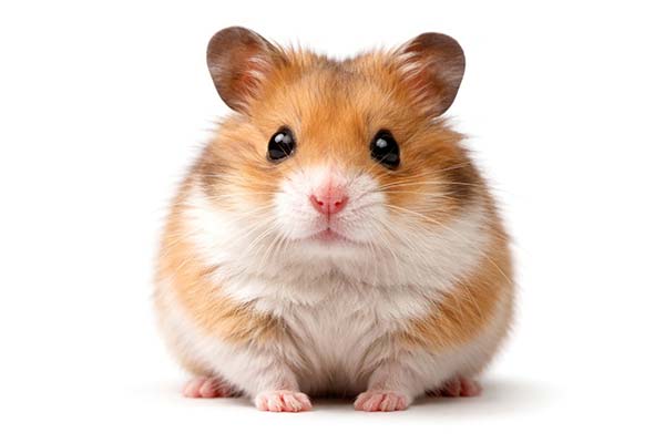 Atendimento veterinário para animais exóticos Hamster de pelagem laranja e branca sentado, olhando para a frente