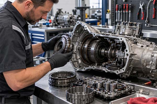 Técnico inspecionando um câmbio automático