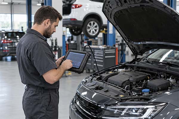 Técnico realizando diagnóstico automotivo avançado
