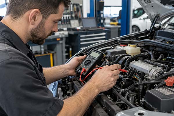 Técnico verificando componentes eletrônicos do veículo