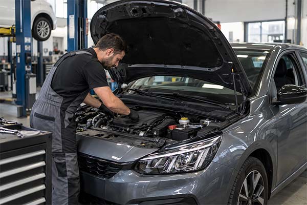 Mecânico realizando manutenção em veículo Peugeot