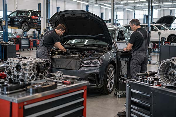 Mecânicos realizando manutenção em veículo Stellantis