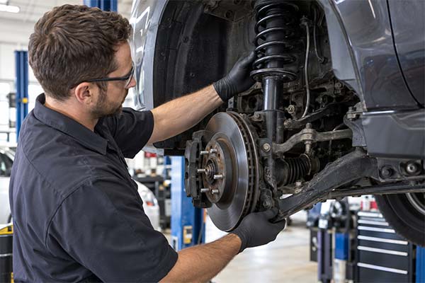 Mecânico inspecionando a suspensão automotiva
