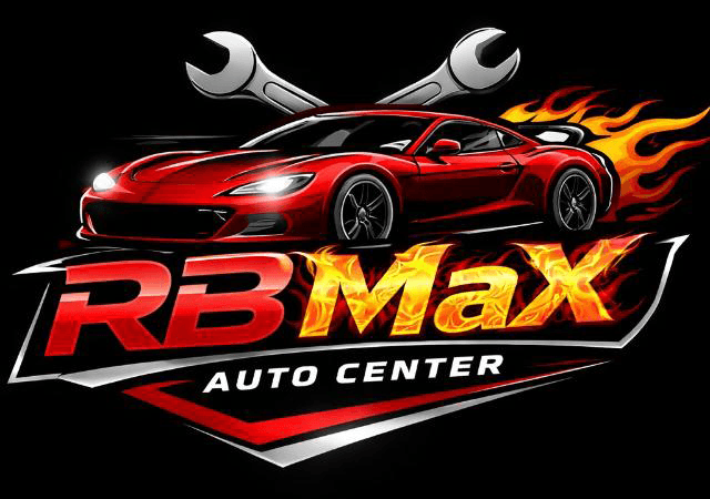 Logo da RBMAX Auto Center com carro esportivo vermelho e chaves de boca cruzadas