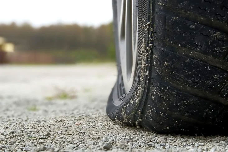 Socorro para pneu furado – Borracharia Móvel do Fabrício Pneu de carro murcho apoiado sobre chão de cascalho
