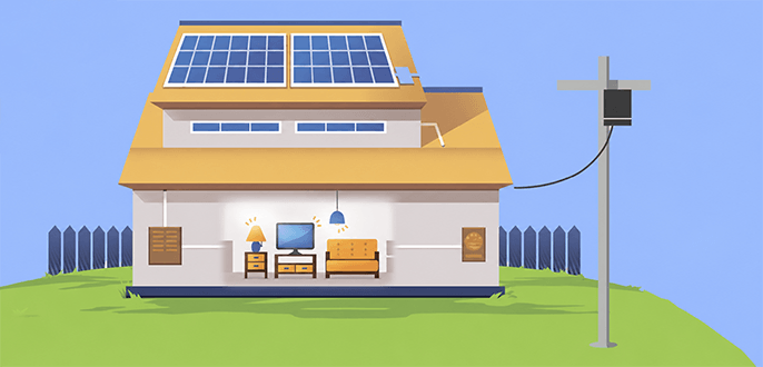Funcionamento da energia solar fotovoltaica Ilustração do funcionamento de um sistema de energia solar fotovoltaica em uma residência