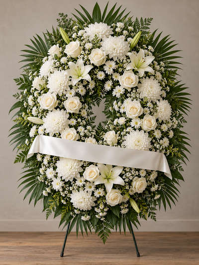 Imagem ilustrativa de coroa fúnebre com flores brancas, folhagens verdes e faixa de cetim