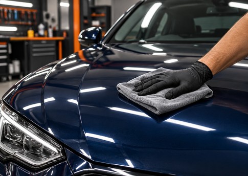Cuidado da pintura de automóvel azul com flanela de microfibra